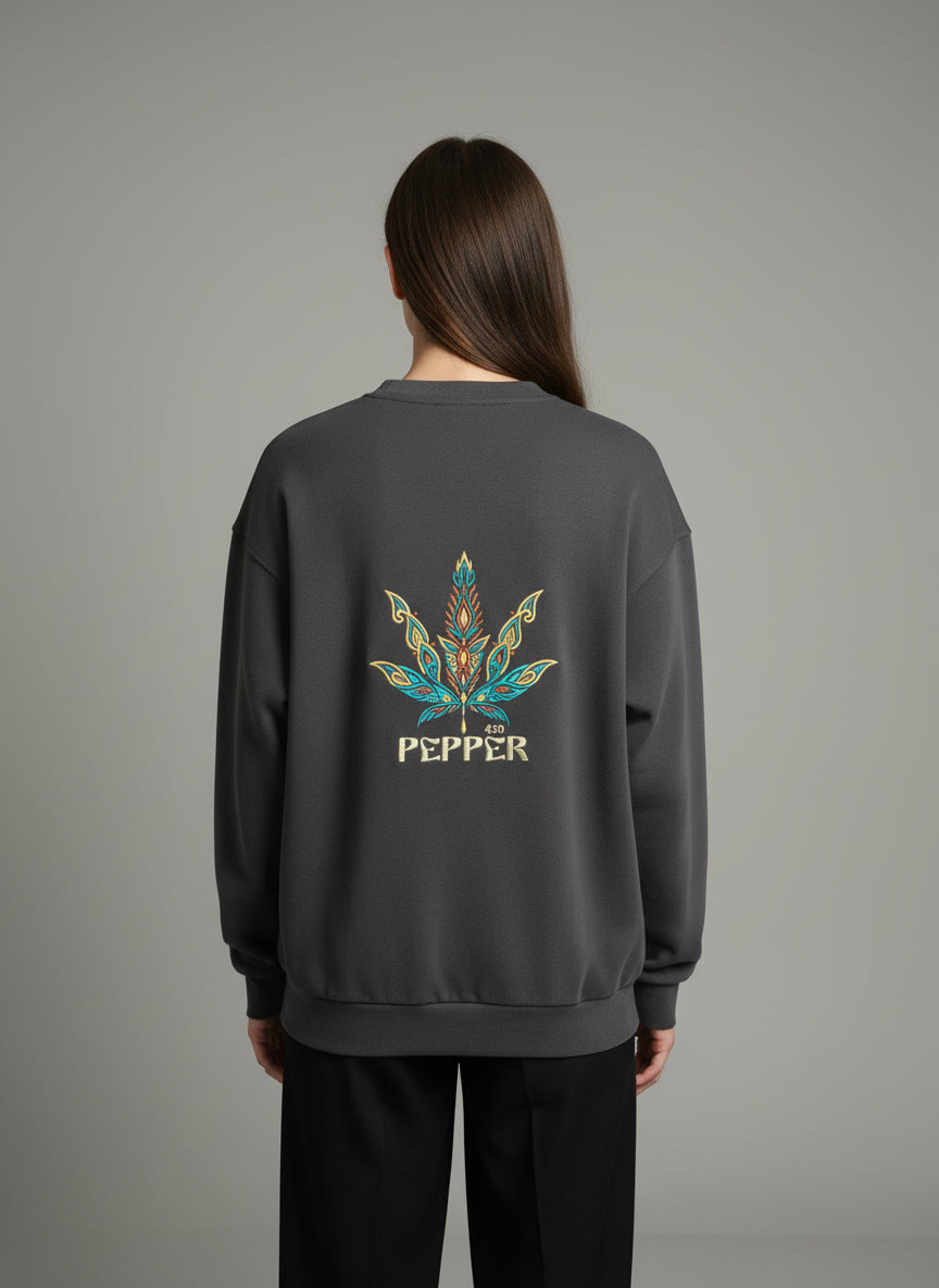 PEPPER 420 UNISEX Dream Slate sweatshirt with a front inscription and a logo on the back