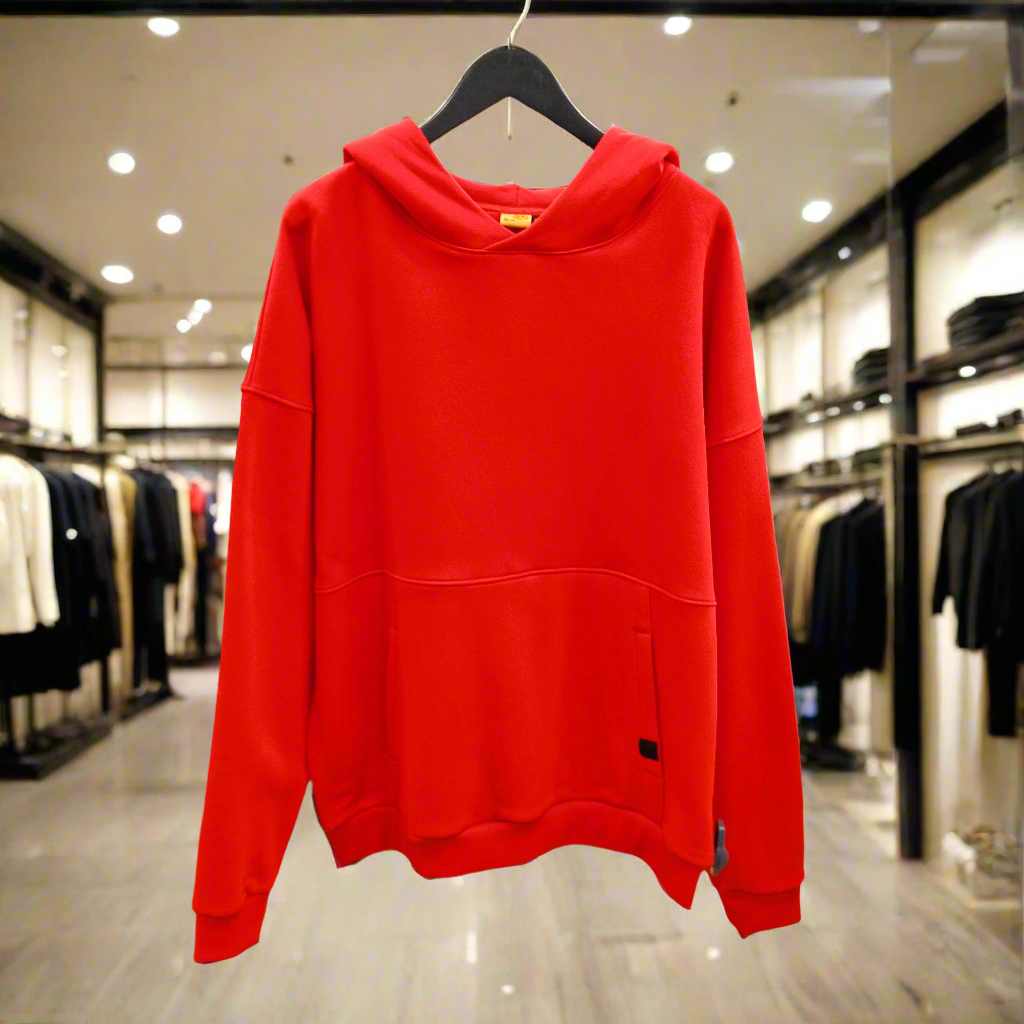 PEPPER UNISEX oversized raudonas džemperis su pūkeliu ir gobtuvu