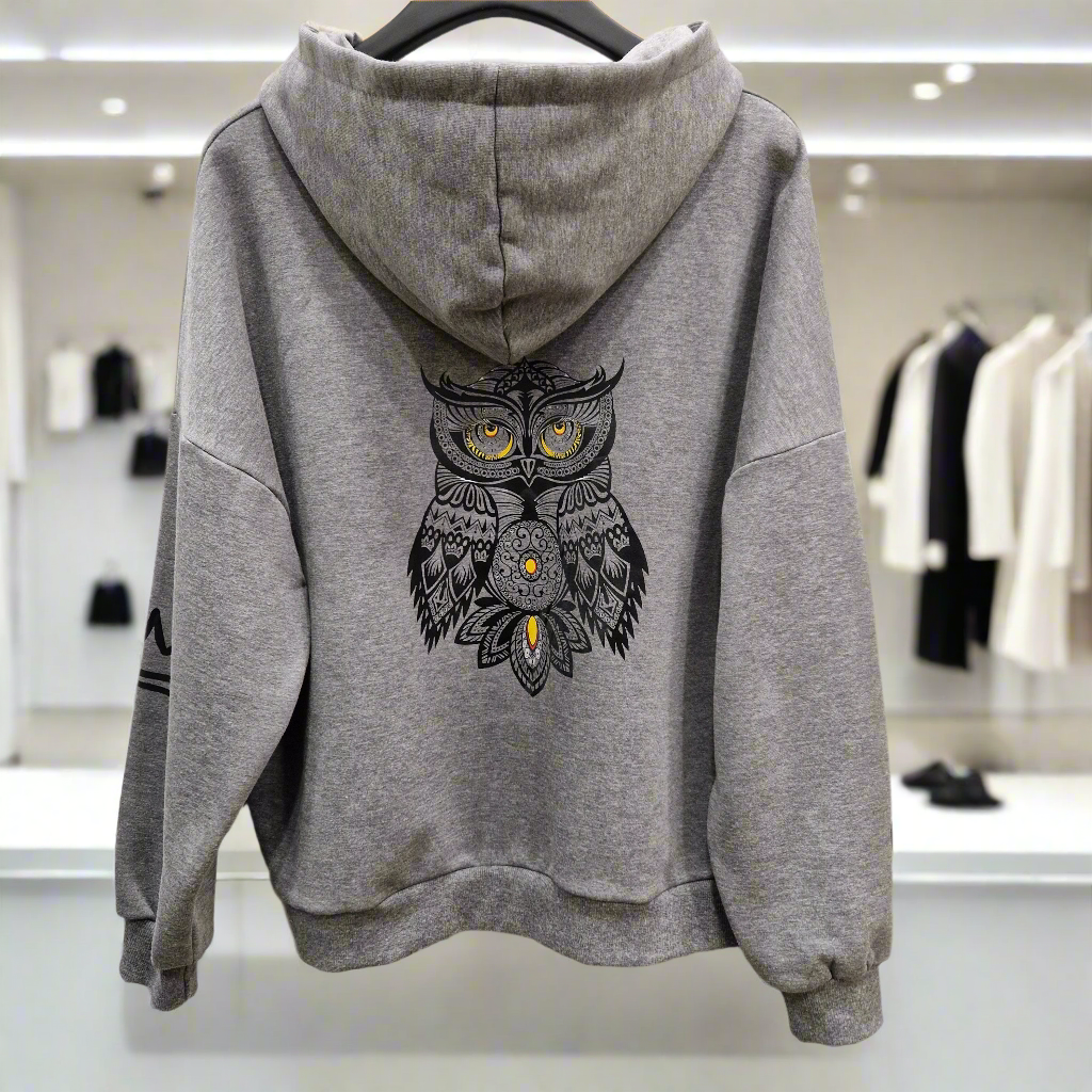 PEPPER Magic Grey sweater with fluff, hood and owl for women 