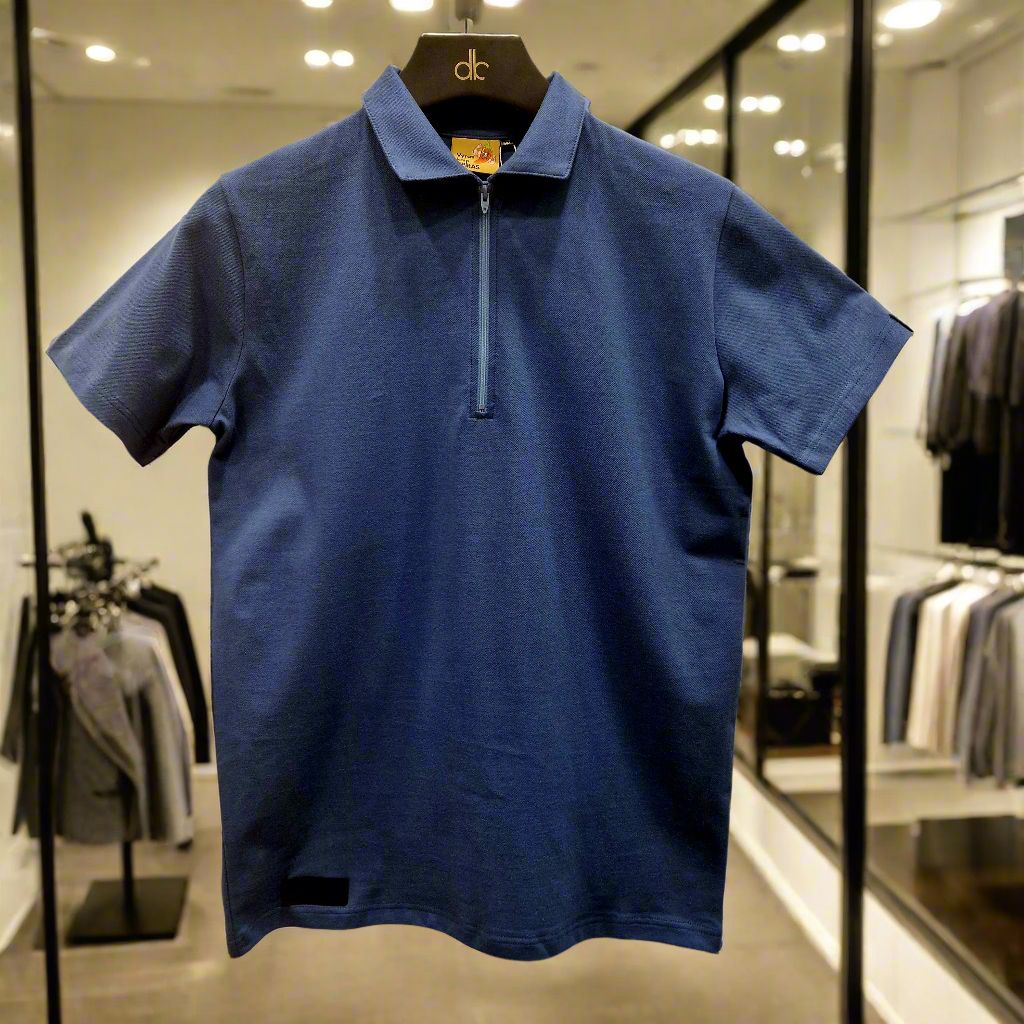 PEPPER Pique Dusty Navy Polo marškinėliai su užtrauktuku vyrams