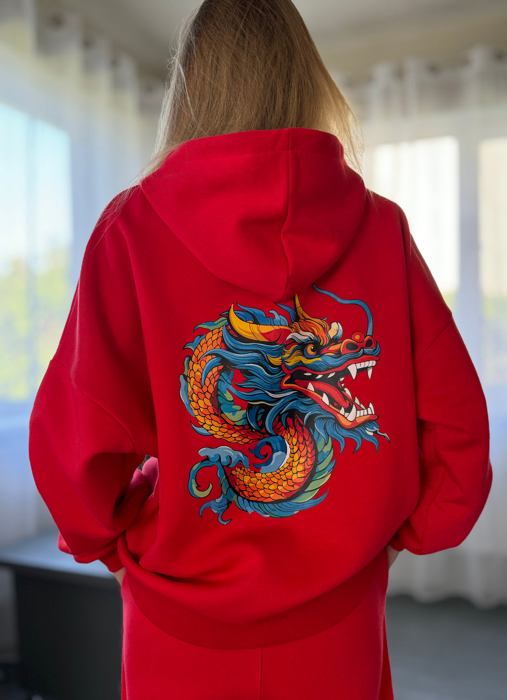 PEPPER Magic Red leisure suit with fluff and dragon for women