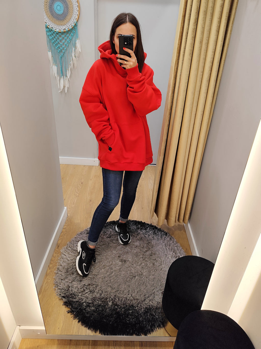 PEPPER UNISEX oversized raudonas džemperis su pūkeliu ir gobtuvu