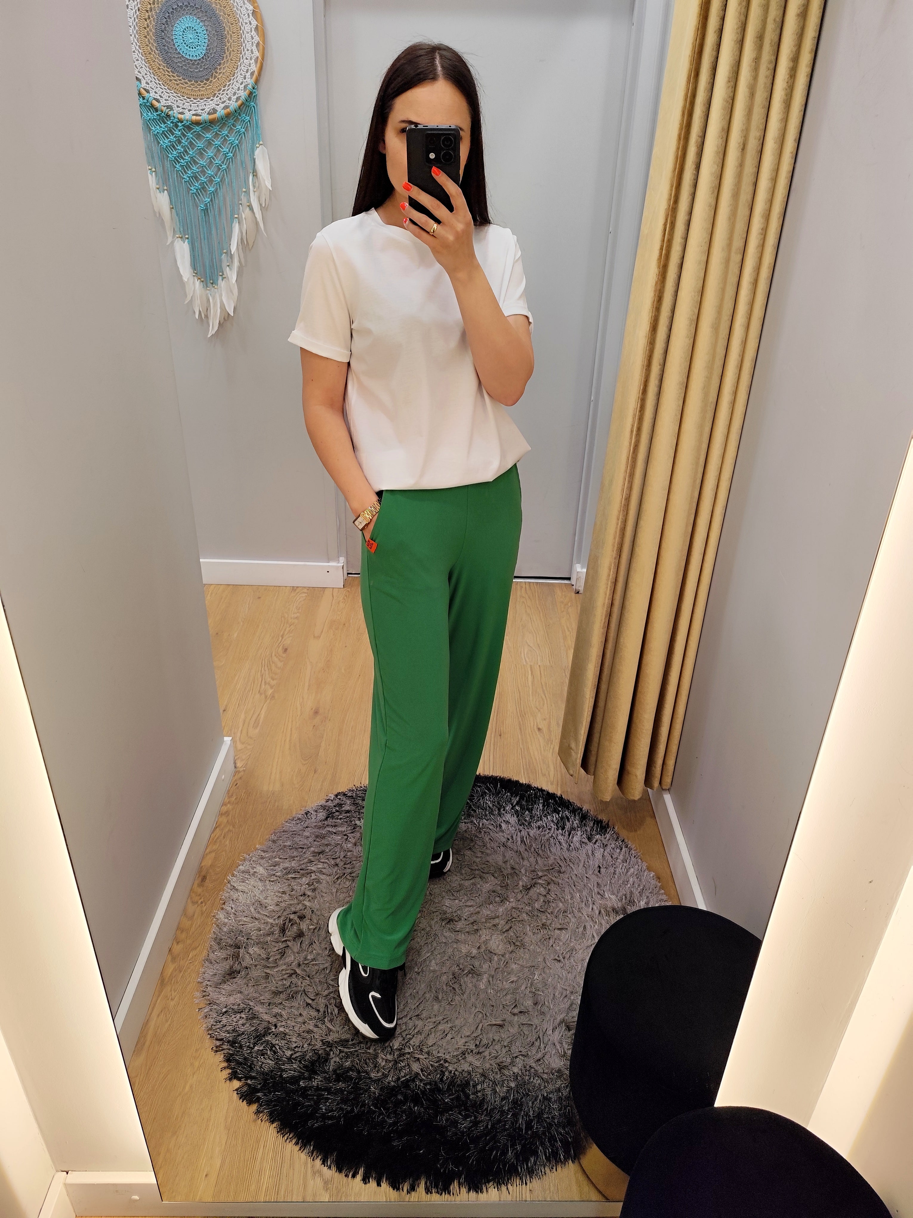 PEPPER forest green platėjančios kelnės moterims