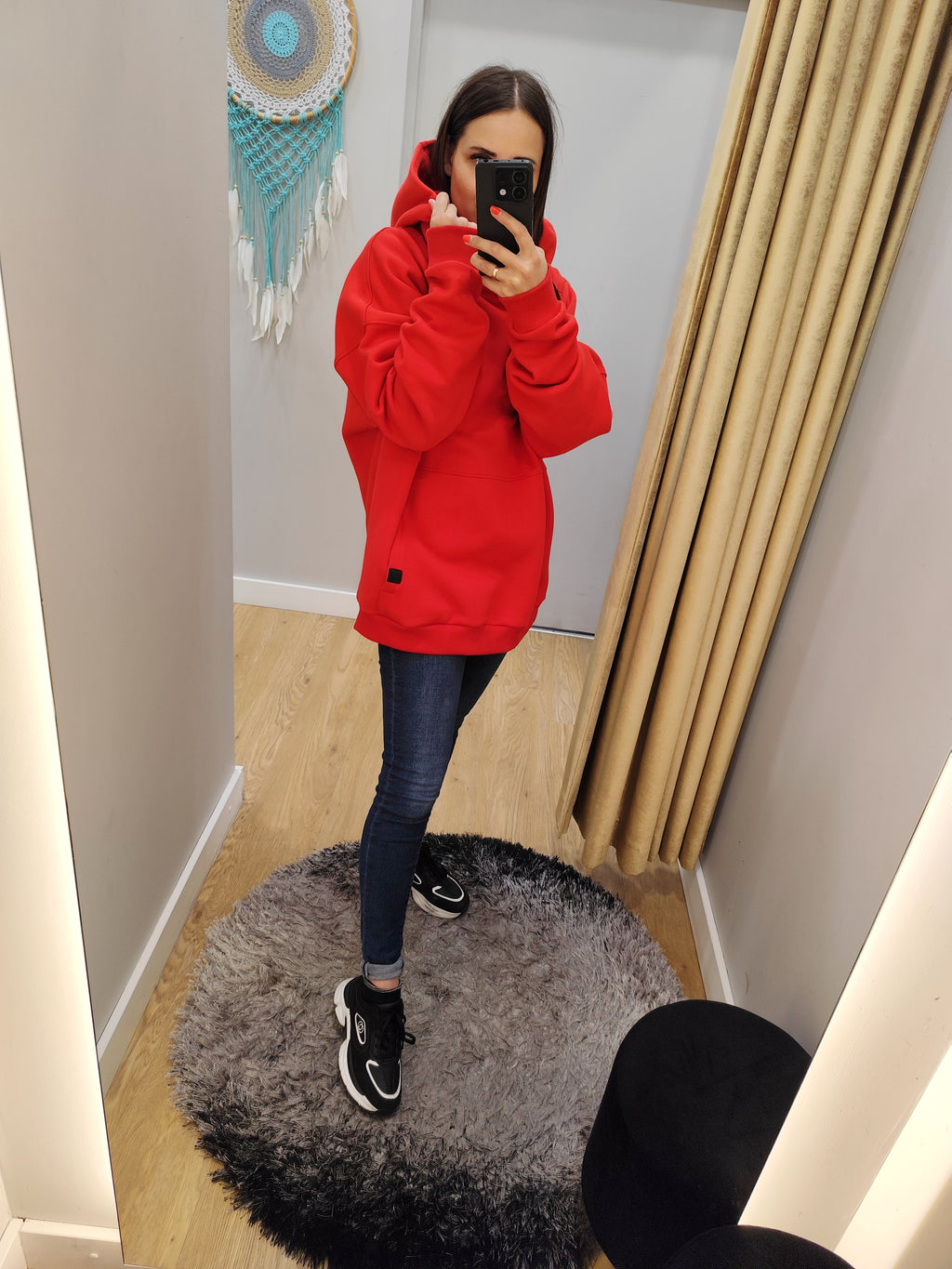 PEPPER UNISEX oversized raudonas džemperis su pūkeliu ir gobtuvu