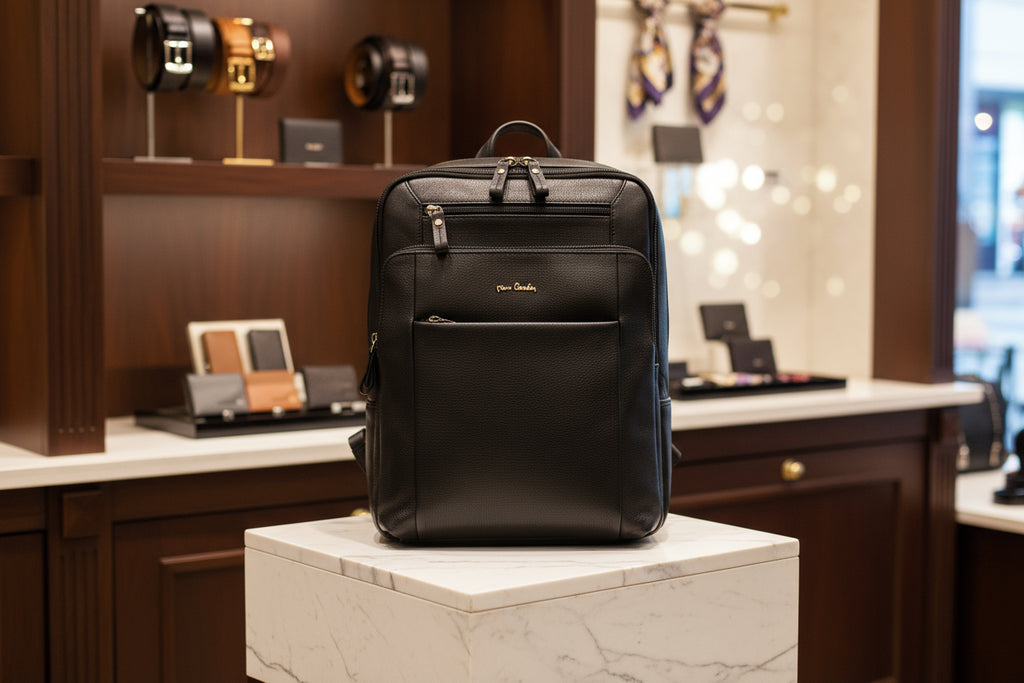 Pierre Cardin black leather backpack for men