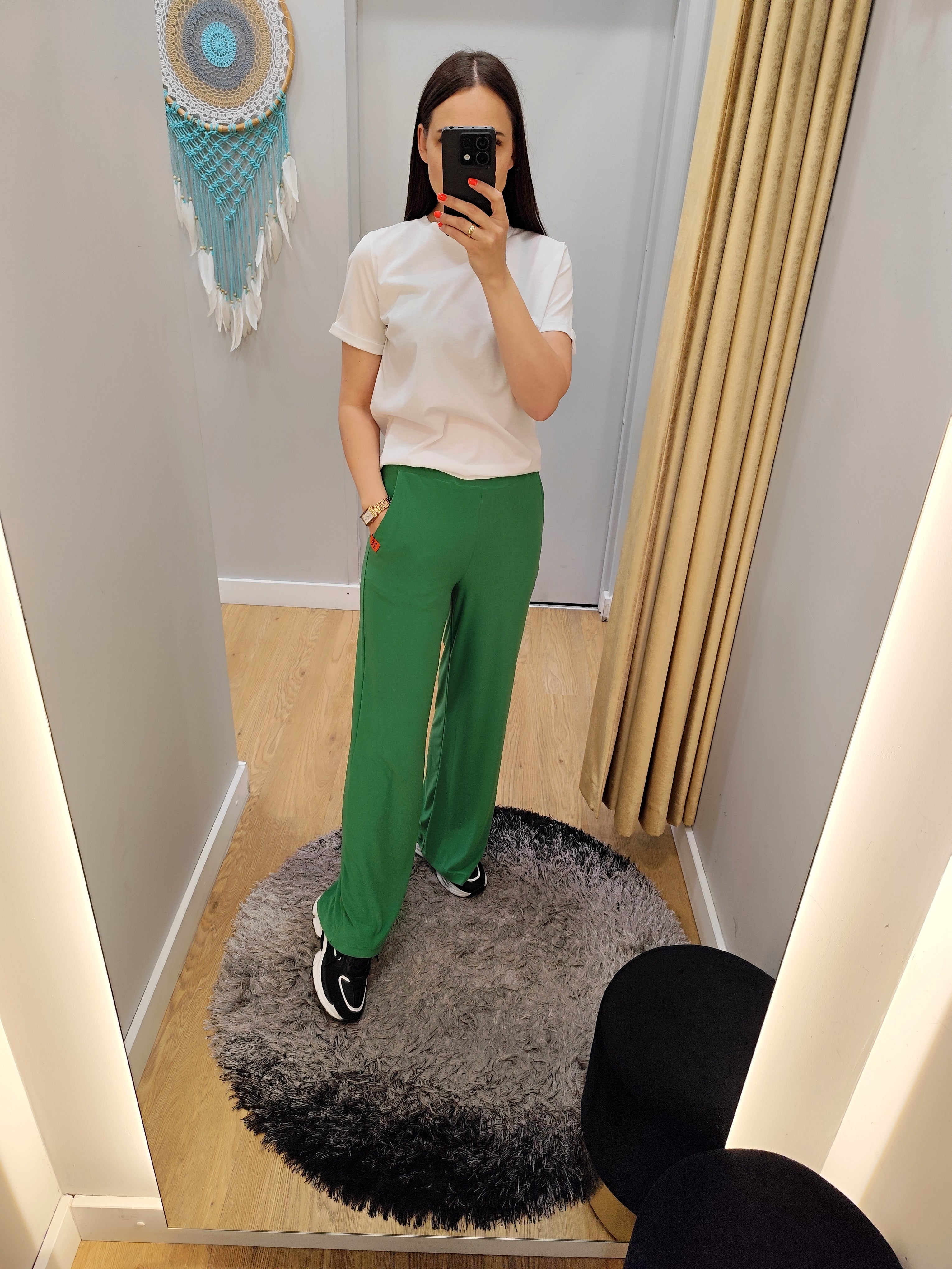 PEPPER forest green platėjančios kelnės moterims